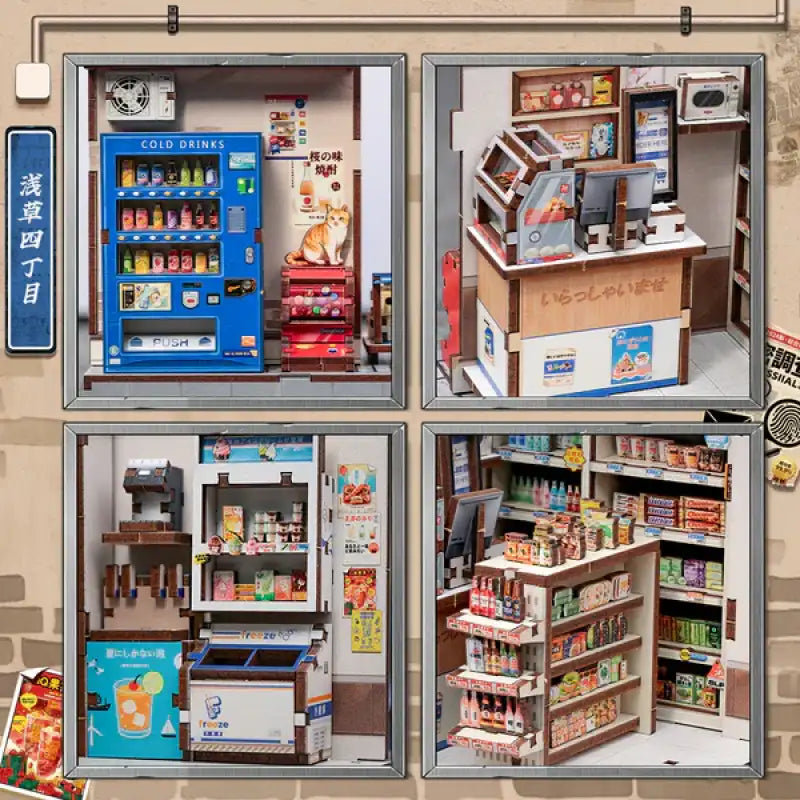 Złożony Book Nook Beika Cho Convenience Store na półce z książkami