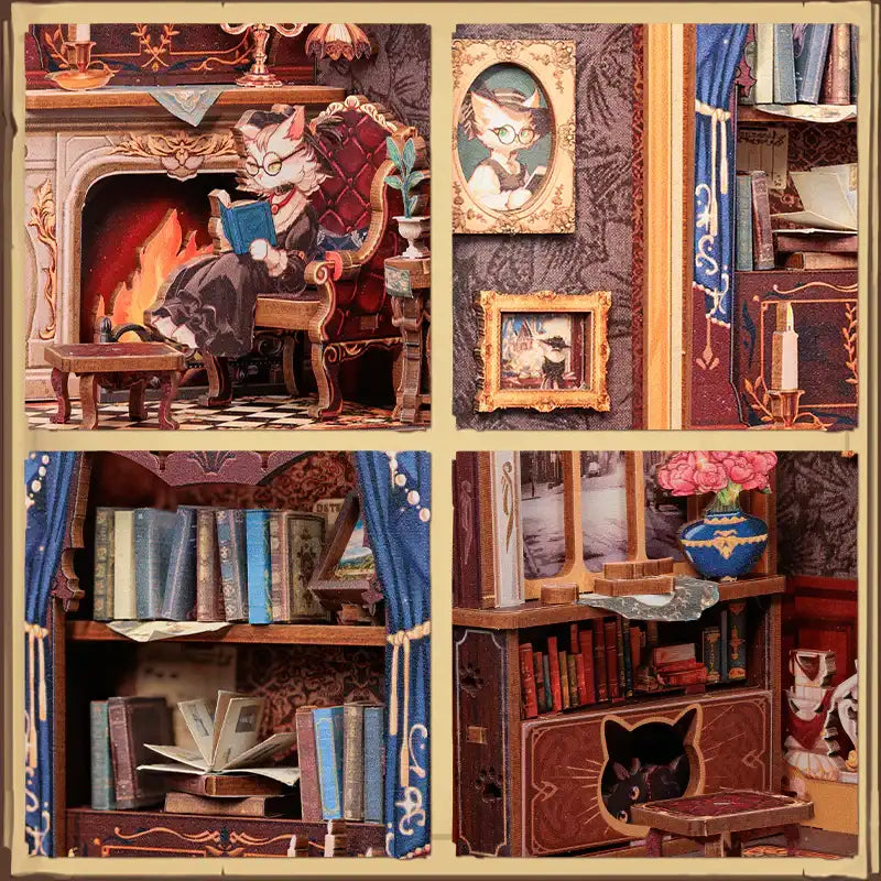 Złożony Book Nook Count Cats Study na półce z książkami