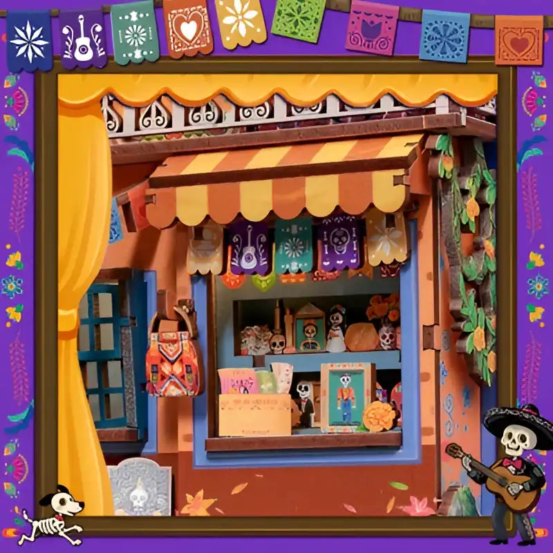 Złożony Book Nook Plaza De Los Muertos na półce z książkami
