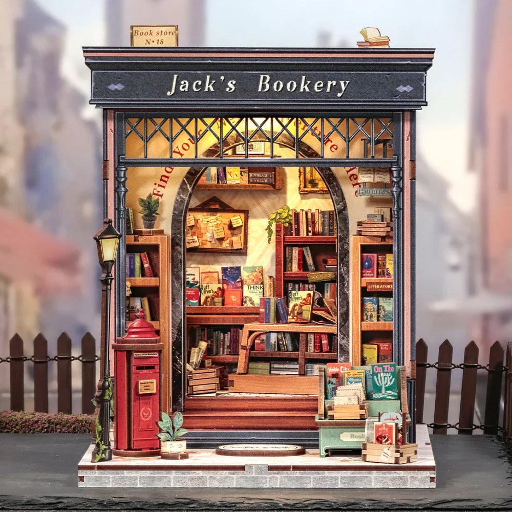 Book Nook Jakes Bookery – tajemnicza księgarnia o ciemnych boazeriach, diorama DIY z LED
