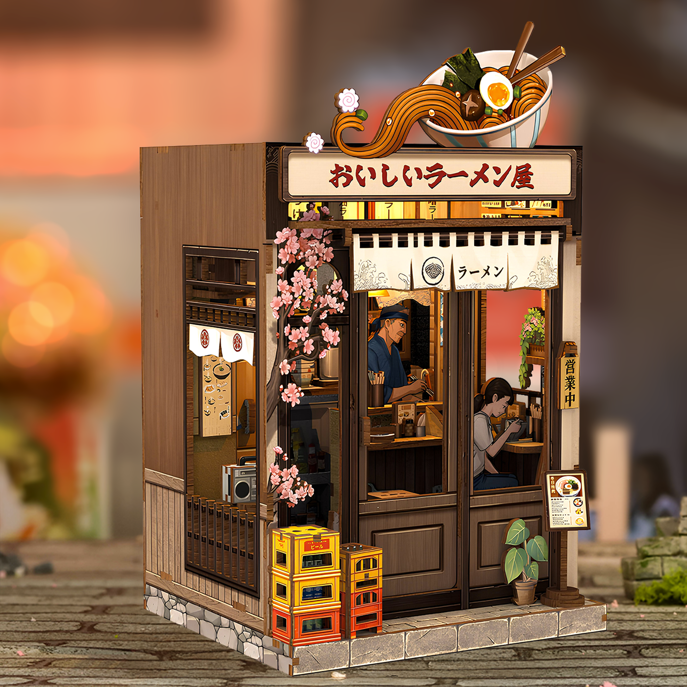 Book Nook Oishii Kyoto – rozświetlona witryna japońskiego sklepiku, detale