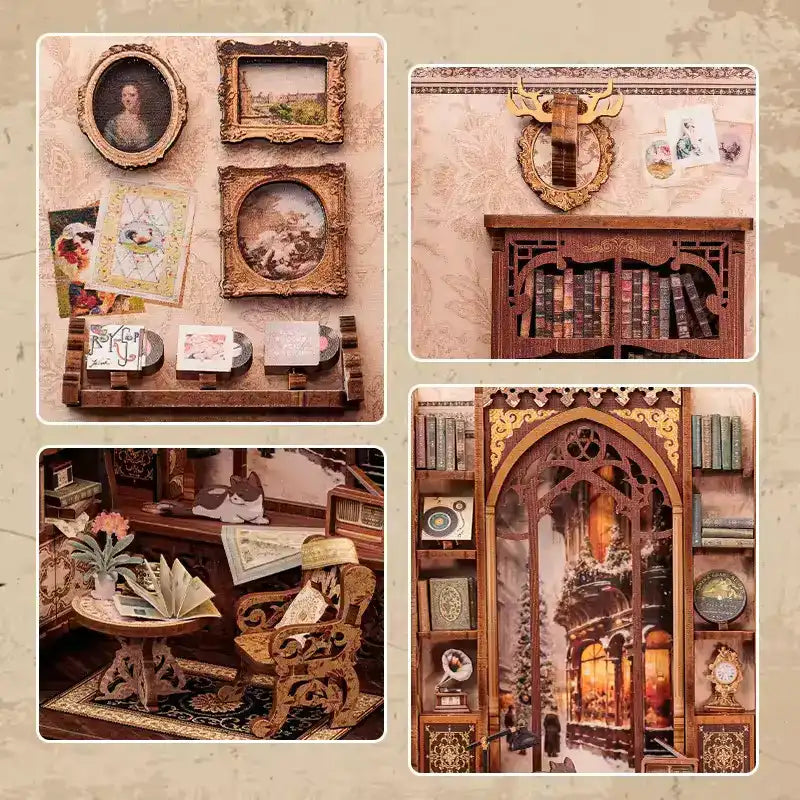 Book Nook Bookshop Memories – detale drewnianych elementów DIY