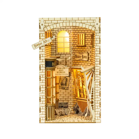 Book Nook Wizard Alley – magiczna uliczka czarodziejów, diorama DIY z oświetleniem LED na półkę