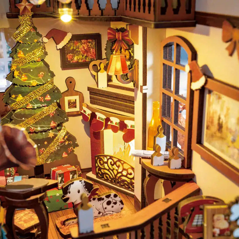 Book Nook Christmas Indoor Scene – świąteczne dekoracje w miniaturze, detale