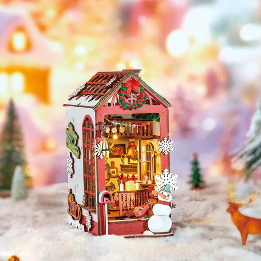 Book Nook Christmas Indoor Scene – świąteczne wnętrze z pozytywką, diorama DIY z LED