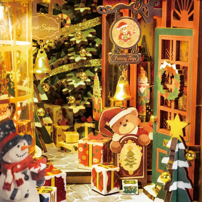 Book Nook Christmas Street – rozświetlone witryny zimowej uliczki, detale
