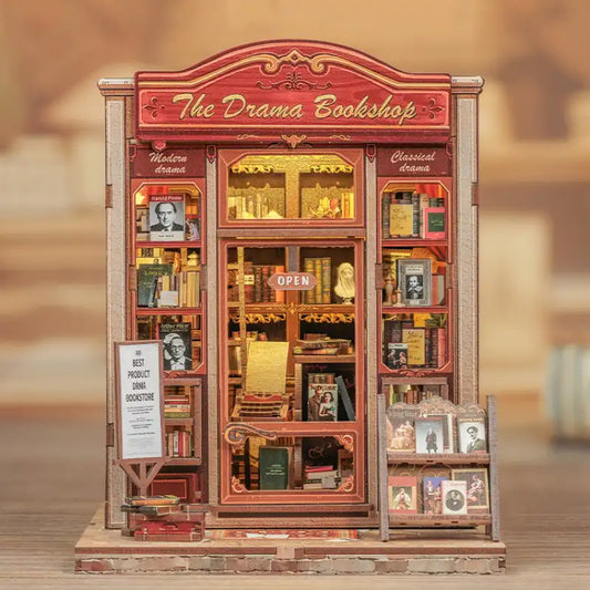 Book Nook Drama Bookshop – księgarnia za karmazynową witryną, diorama DIY z oświetleniem LED