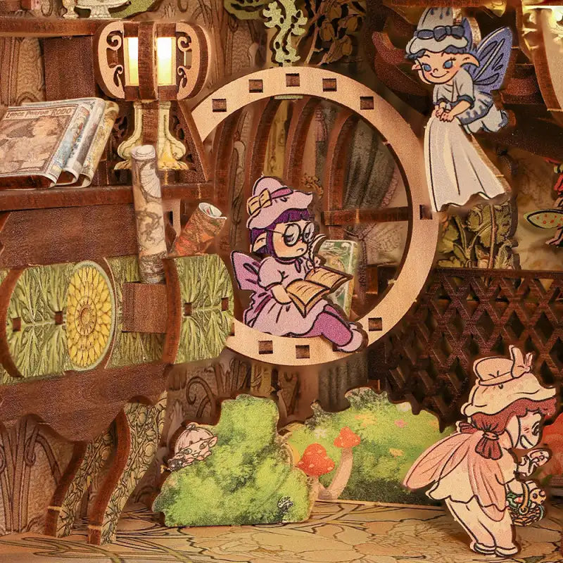 Złożony Book Nook Elven Paradise na półce z książkami
