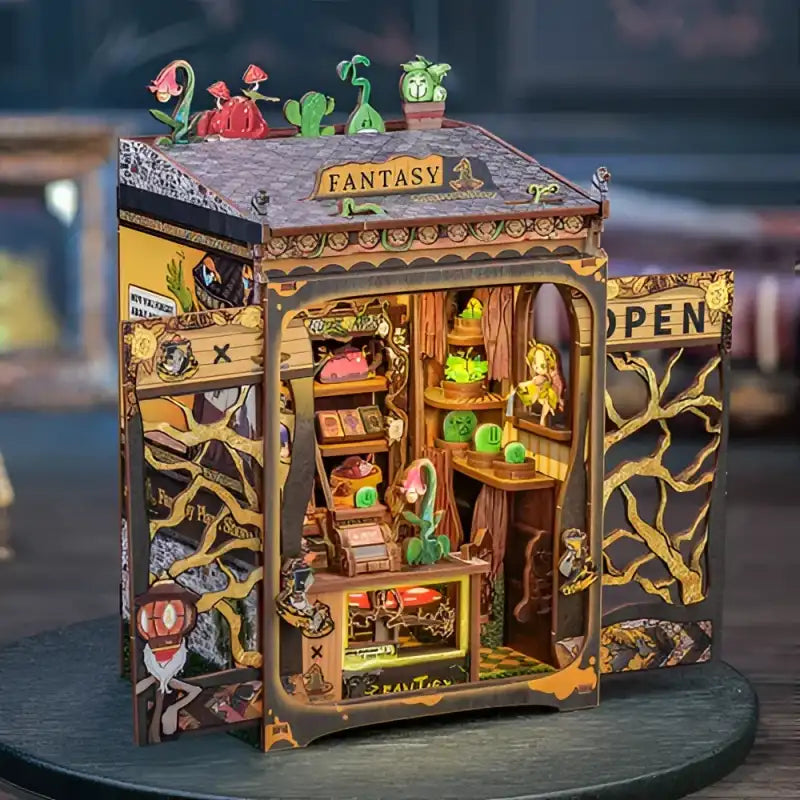 Book Nook Fantasy Plant Shop – kolorowe witryny sklepu z roślinami