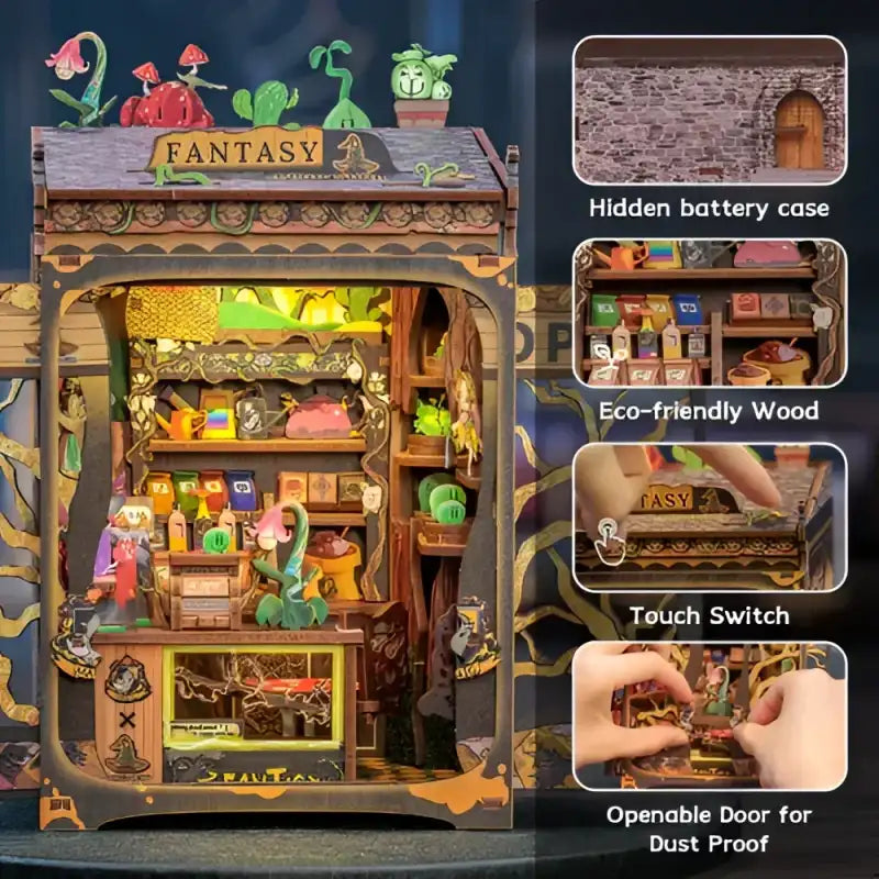 Złożony Book Nook Fantasy Plant Shop ustawiony między książkami na półce