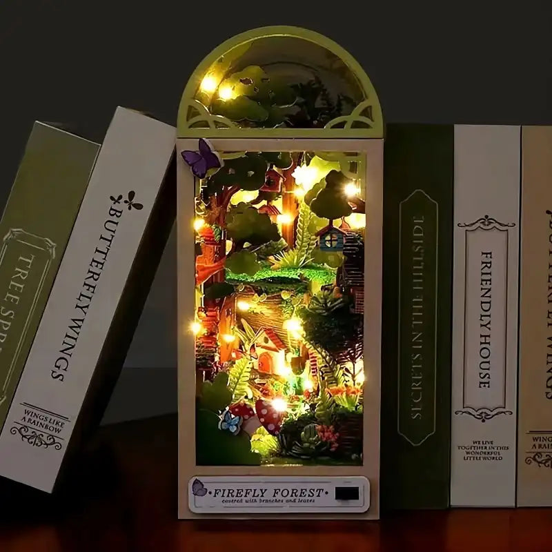 Book Nook Firefly Forest – świetlisty las między książkami, drewniana diorama DIY z oświetleniem LED