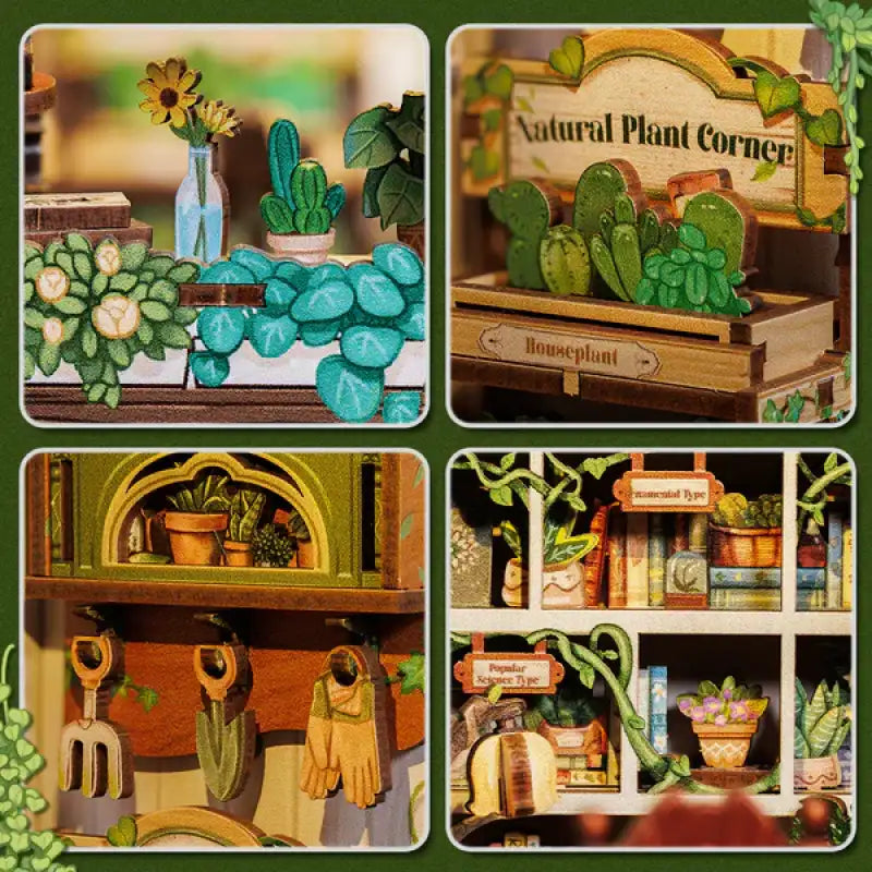 Book Nook Green Life Bookshop – detale drewnianych elementów DIY
