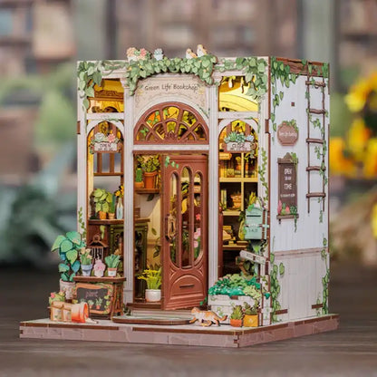 Book Nook Green Life Bookshop – zielone wnętrze księgarni w scenerii