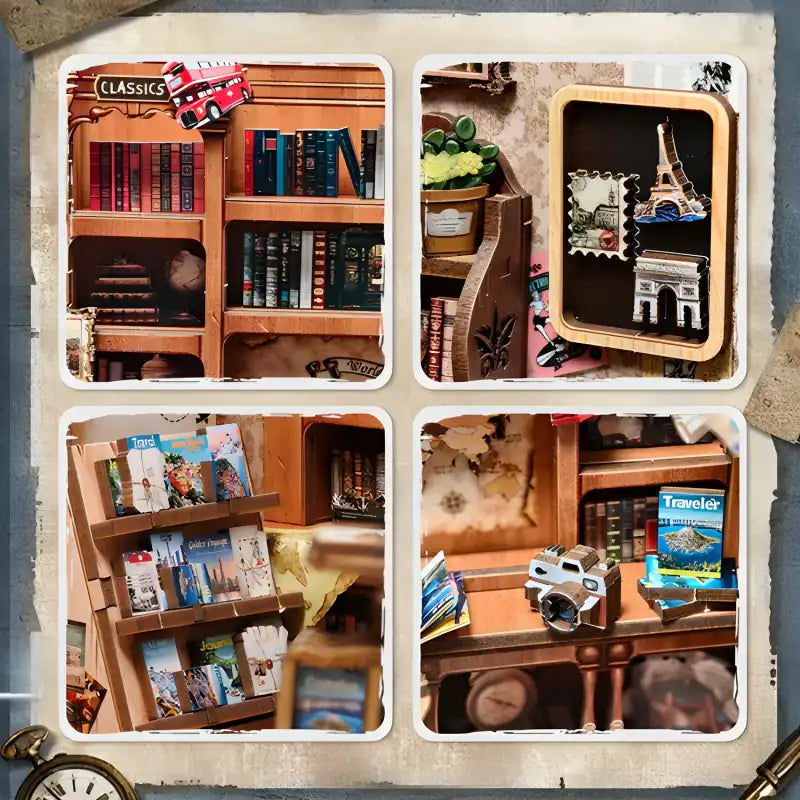 Book Nook Journey Trace Bookshop – detale drewnianych elementów DIY