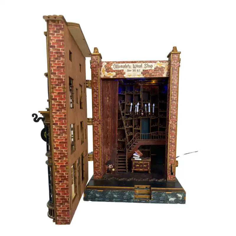 Book Nook Wizard Wand Shop – widok z boku magicznej dioramy