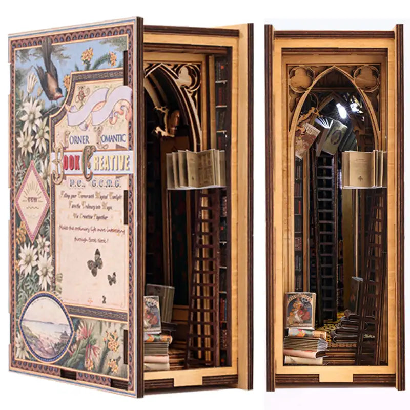 Book Nook Elven Bookshop – detale drewnianych elementów DIY