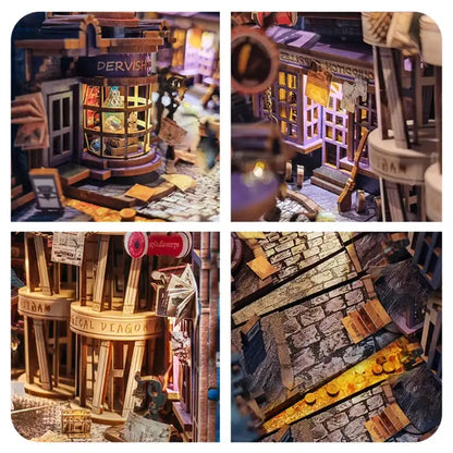 Book Nook Magic Night Alley – witryny sklepów rozświetlone nocą