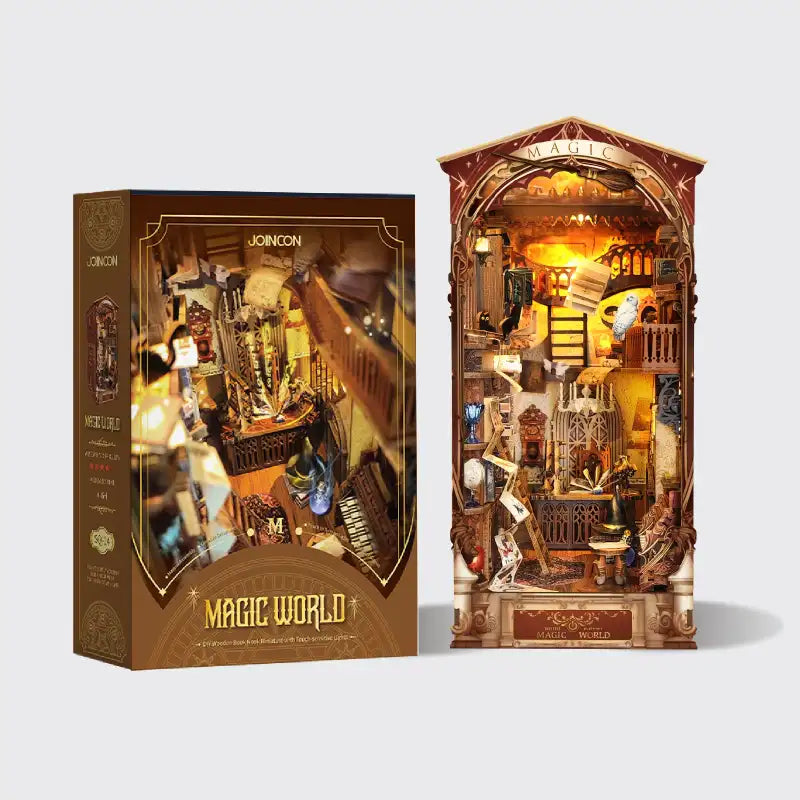 Złożony Book Nook Magic World na półce z książkami