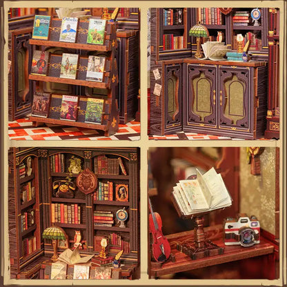 Złożony zestaw Book Nook Owl Bookstore ustawiony między książkami na półce