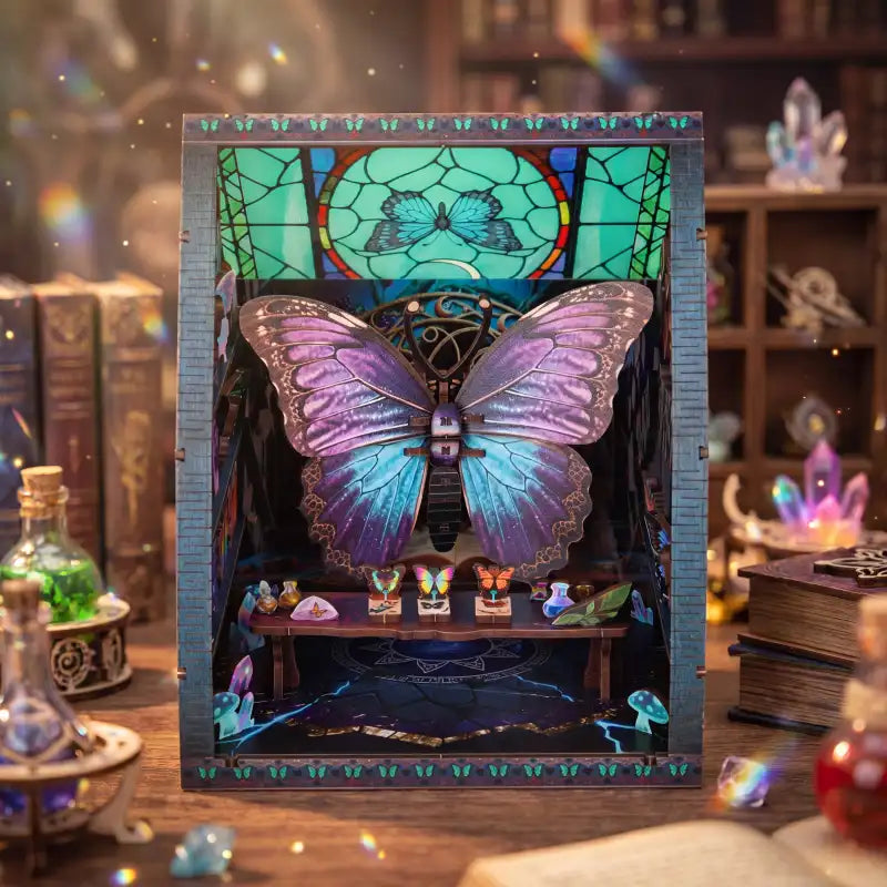 Book Nook Glass Butterfly – motyl za witrażem w gabinecie, diorama DIY z LED