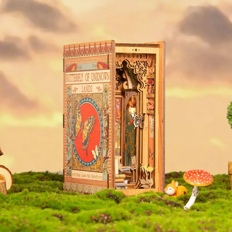 Book Nook Butterflies Of Unknown Lands – widok wnętrza dioramy z motylami