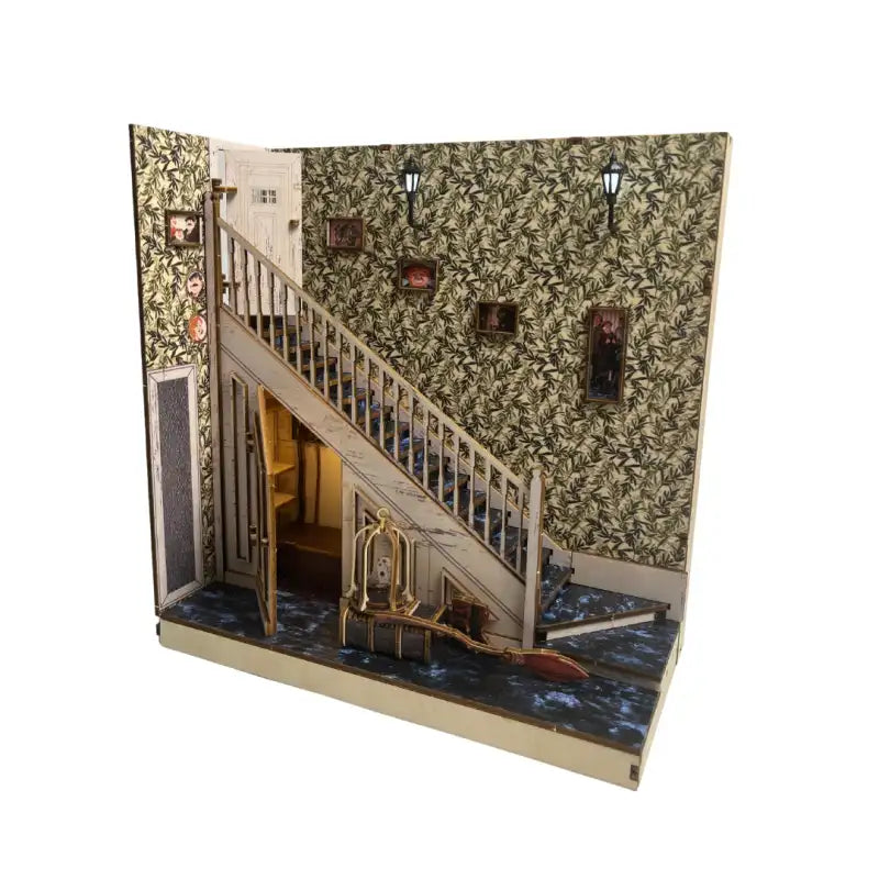 Book Nook Under Staircase Cupboard – pokój czarodzieja pod schodami, diorama DIY z LED