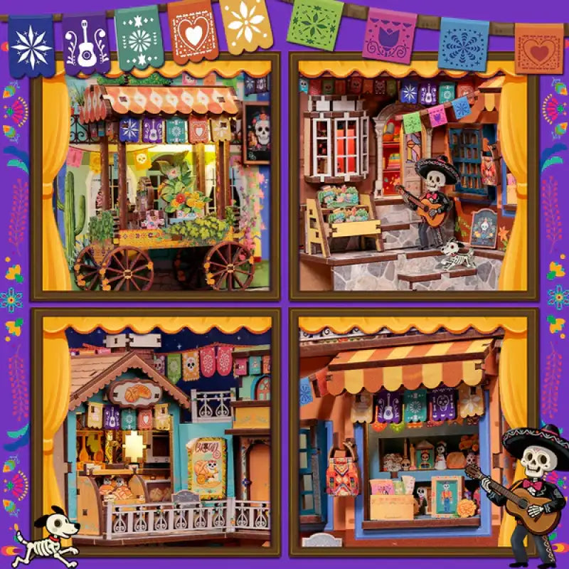 Book Nook Plaza De Los Muertos – widok wnętrza kolorowej dioramy