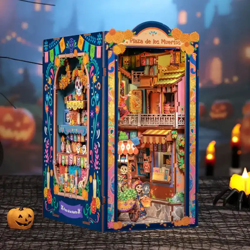 Book Nook Plaza De Los Muertos – miniaturowe świece i kwiaty w scenerii
