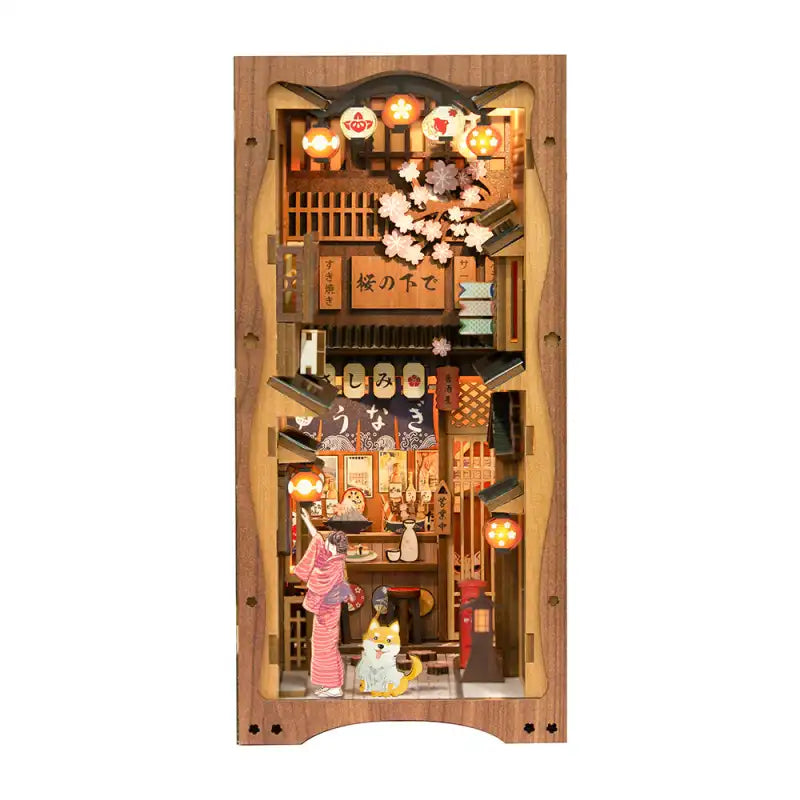 Book Nook Sakura Tree – kwitnąca wiśnia i lampiony w miniaturze, detale