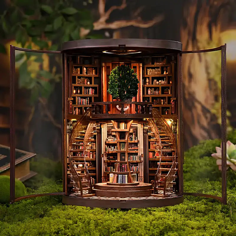 Book Nook Wisdom Ring Book Repository – leśna biblioteka za okrągłą bramą, diorama DIY z LED