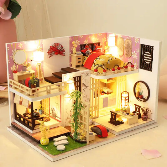 Miniaturowy domek Bambusowy domek – zestaw DIY z LED – gotowy model