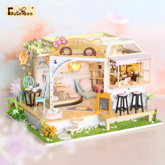 Miniaturowy domek Kocia kawiarnia – zestaw DIY z LED – gotowy model