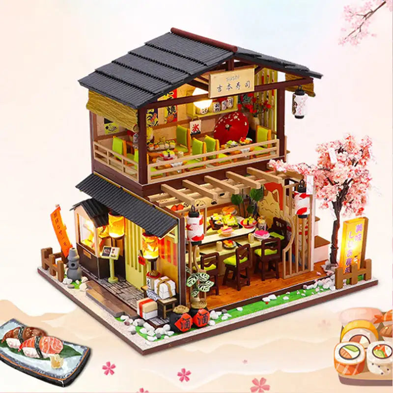 Miniaturowy domek Japoński bar sushi – zestaw DIY z LED – gotowy model