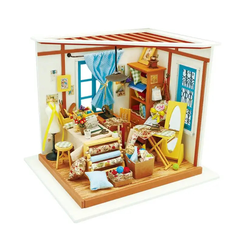 Miniaturowy domek Pracownia krawiecka Lisy – zestaw DIY z LED – gotowy model