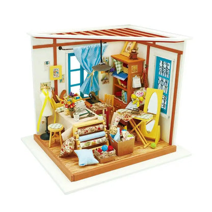 Miniaturowy domek Pracownia krawiecka Lisy – zestaw DIY z LED – gotowy model