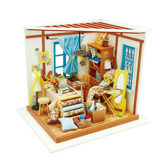 Miniaturowy domek Pracownia krawiecka Lisy – zestaw DIY z LED – gotowy model