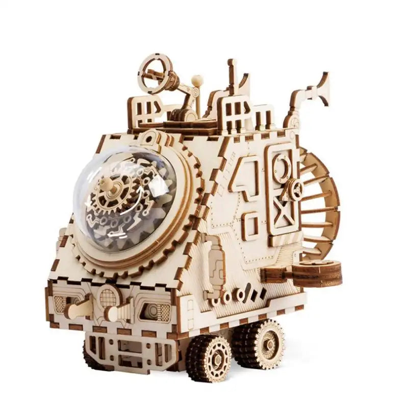 Puzzle 3D kosmos – drewniana pozytywka mechaniczna – zbliżenie na konstrukcję i detale