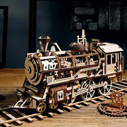 Puzzle 3D pociąg – drewniany model lokomotywy – widok gotowego modelu
