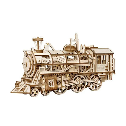 Puzzle 3D pociąg – drewniany model lokomotywy – zbliżenie na konstrukcję i detale