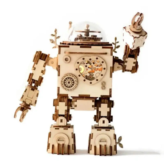 Puzzle 3D robot – drewniana pozytywka mechaniczna – widok gotowego modelu