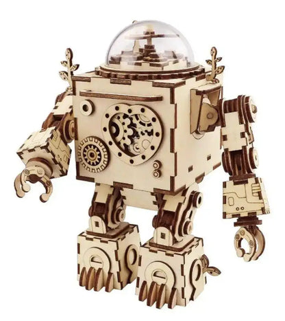 Puzzle 3D robot – drewniana pozytywka mechaniczna – zbliżenie na konstrukcję i detale