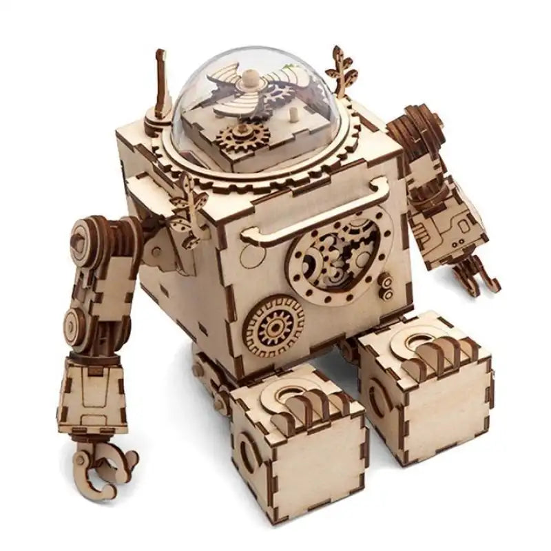 Puzzle 3D robot – drewniana pozytywka mechaniczna – widok z innej perspektywy