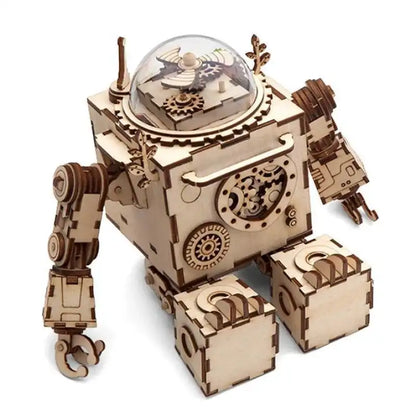 Puzzle 3D robot – drewniana pozytywka mechaniczna – widok z innej perspektywy