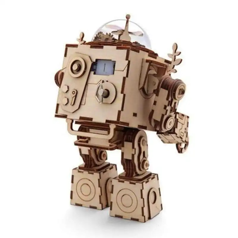 Puzzle 3D robot – drewniana pozytywka mechaniczna – szczegóły przestrzennej konstrukcji