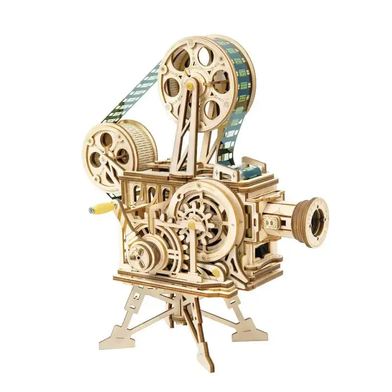 Ruchome puzzle 3D – drewniany projektor filmowy – zbliżenie na konstrukcję i detale