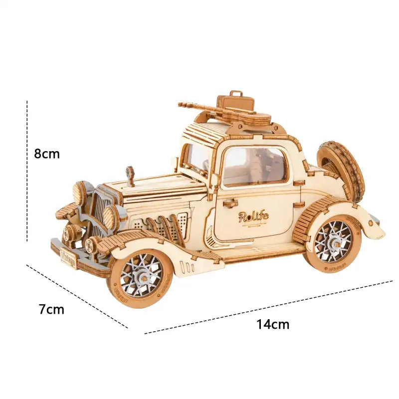Puzzle 3D samochód – drewniany model retro – zbliżenie na konstrukcję i detale