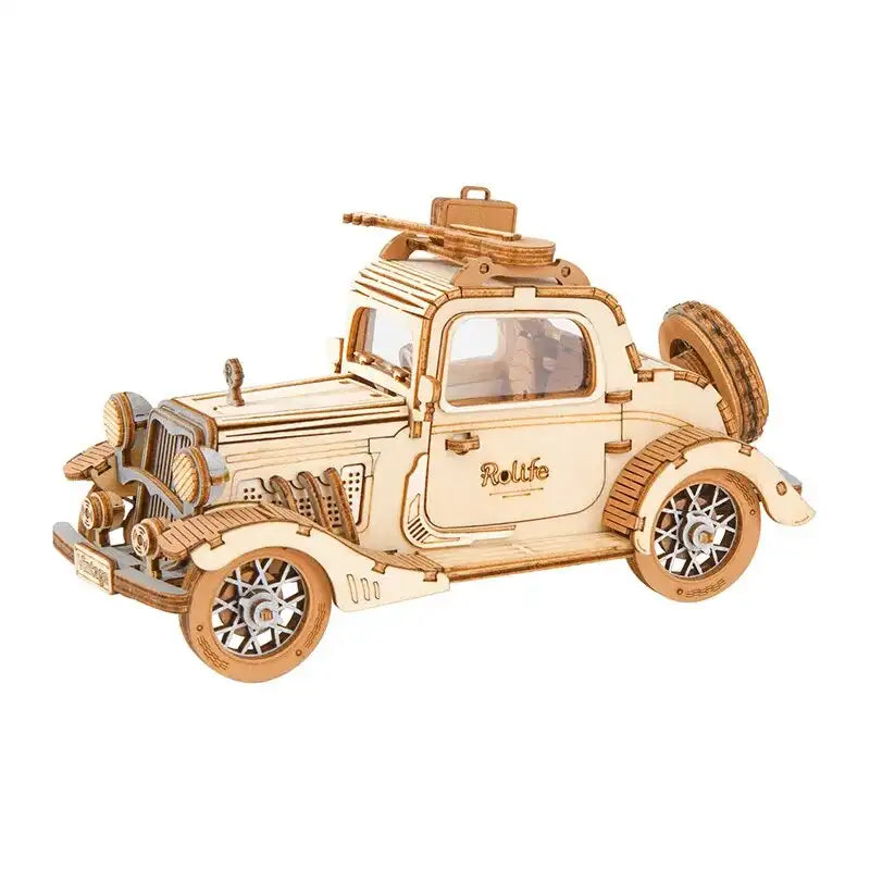 Puzzle 3D samochód – drewniany model retro – widok z innej perspektywy