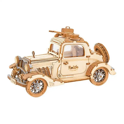 Puzzle 3D samochód – drewniany model retro – widok z innej perspektywy