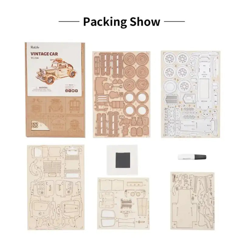 Puzzle 3D samochód – drewniany model retro – szczegóły przestrzennej konstrukcji